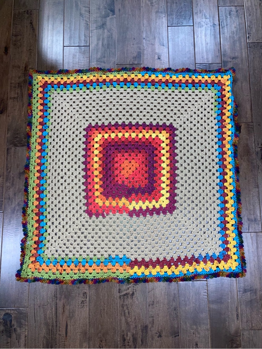 Handmade Beige & Rainbow Crochet Granny Square Lap Blanket - 39” x 39”